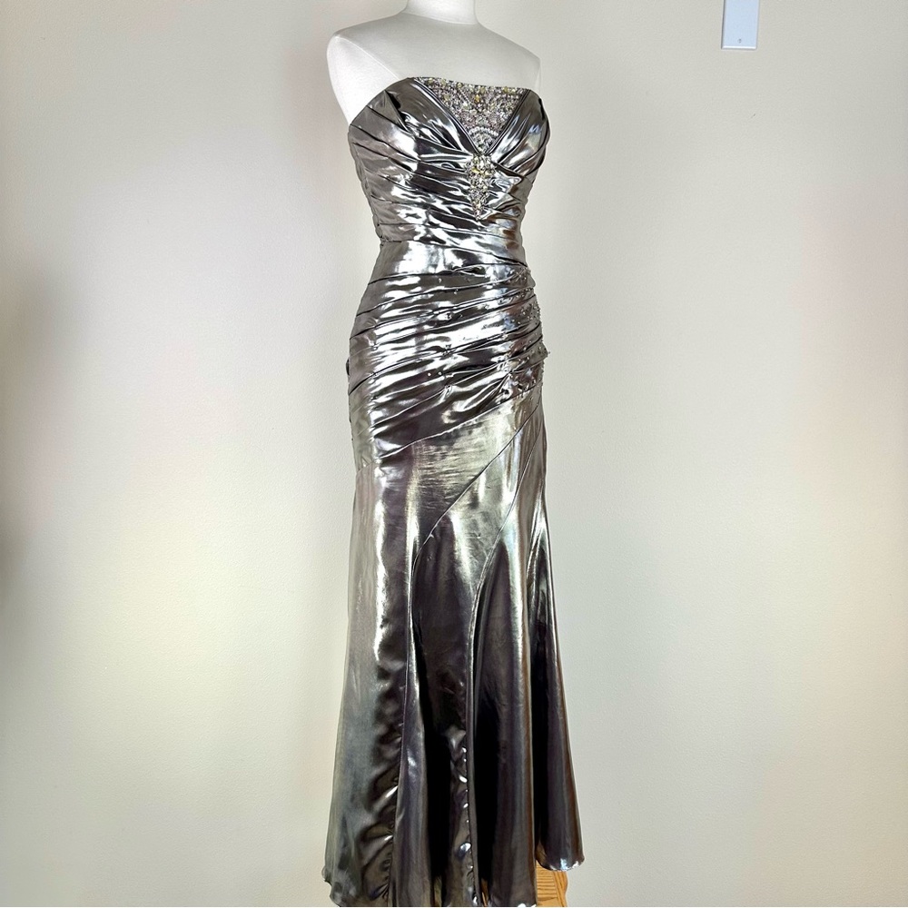 Flirt by Maggie Sottero Silver Pewter Metallic Strapless Formal Gown
